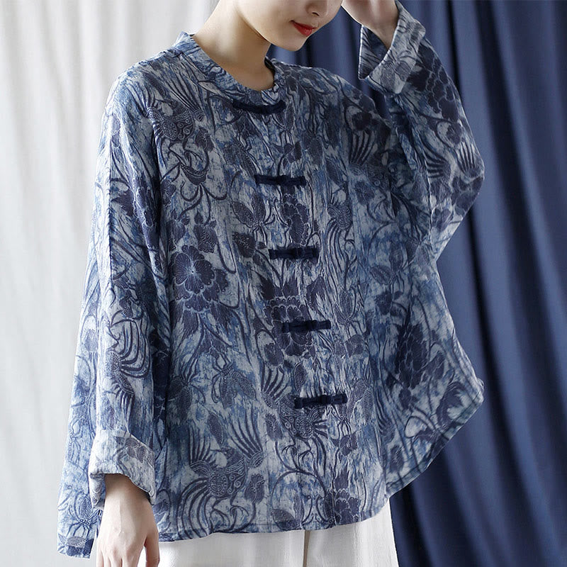 Chemise à manches longues en lin ramie avec boutons en grenouille et motif de fleurs bleues et blanches rétro Buddha Stones - image 23