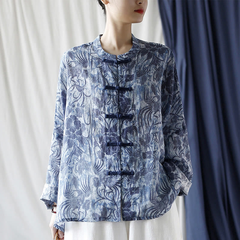 Chemise à manches longues en lin ramie avec boutons en grenouille et motif de fleurs bleues et blanches rétro Buddha Stones - image 28