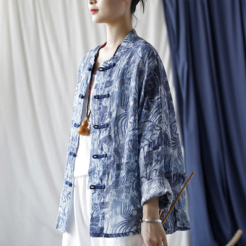 Chemise à manches longues en lin ramie avec boutons en grenouille et motif de fleurs bleues et blanches rétro Buddha Stones - image 4