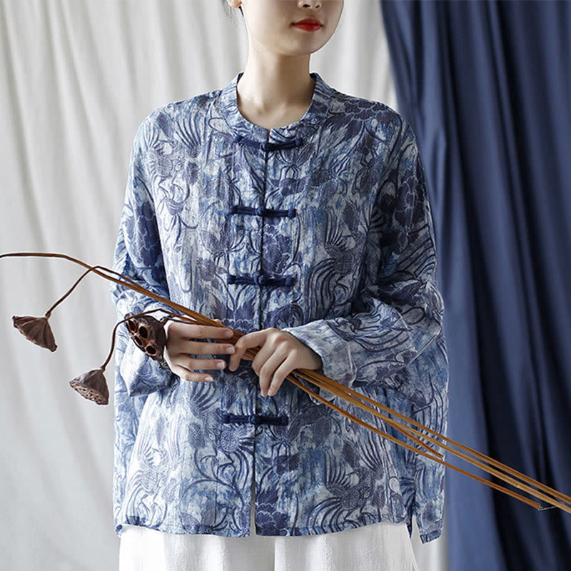 Chemise à manches longues en lin ramie avec boutons en grenouille et motif de fleurs bleues et blanches rétro Buddha Stones - image 25