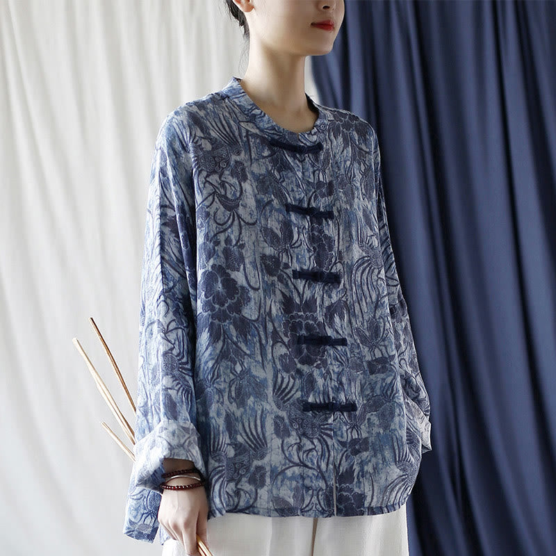 Chemise à manches longues en lin ramie avec boutons en grenouille et motif de fleurs bleues et blanches rétro Buddha Stones - image 6