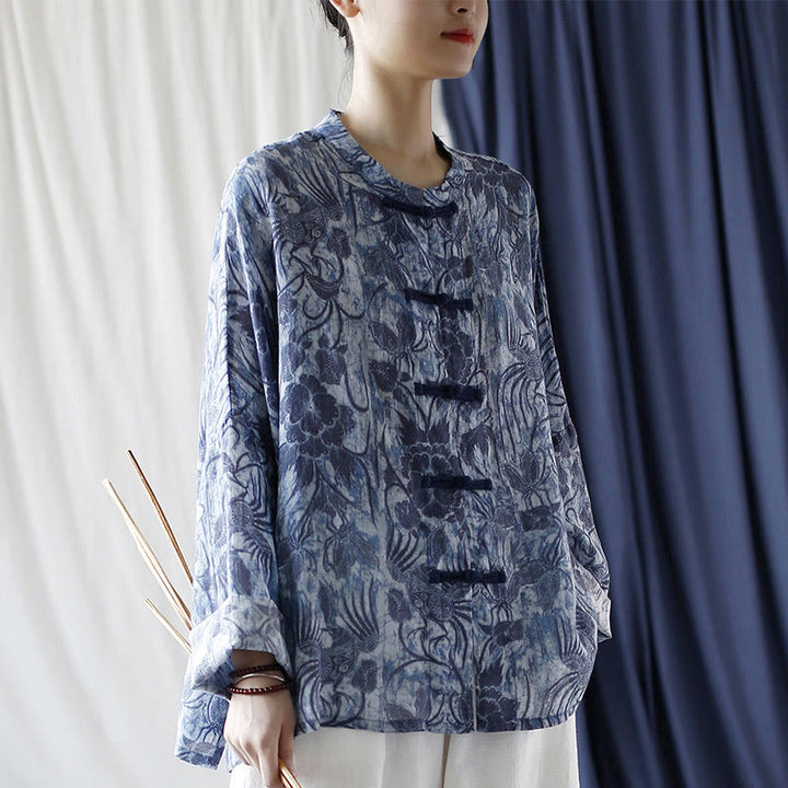 Chemise à manches longues en lin ramie avec boutons en grenouille et motif de fleurs bleues et blanches rétro Buddha Stones - image 6