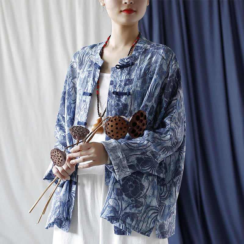 Chemise à manches longues en lin ramie avec boutons en grenouille et motif de fleurs bleues et blanches rétro Buddha Stones - image 26