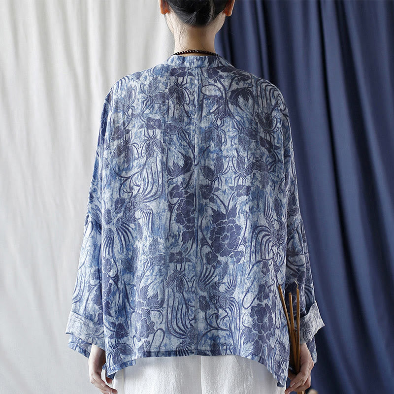 Chemise à manches longues en lin ramie avec boutons en grenouille et motif de fleurs bleues et blanches rétro Buddha Stones - image 3