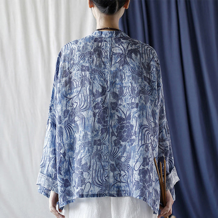 Chemise à manches longues en lin ramie avec boutons en grenouille et motif de fleurs bleues et blanches rétro Buddha Stones - image 3