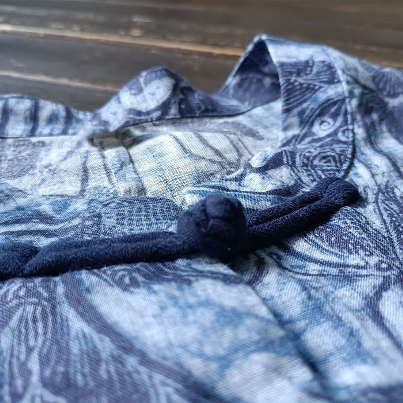 Chemise à manches longues en lin ramie avec boutons en grenouille et motif de fleurs bleues et blanches rétro Buddha Stones - image 8