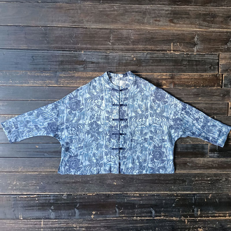 Chemise à manches longues en lin ramie avec boutons en grenouille et motif de fleurs bleues et blanches rétro Buddha Stones - image 14