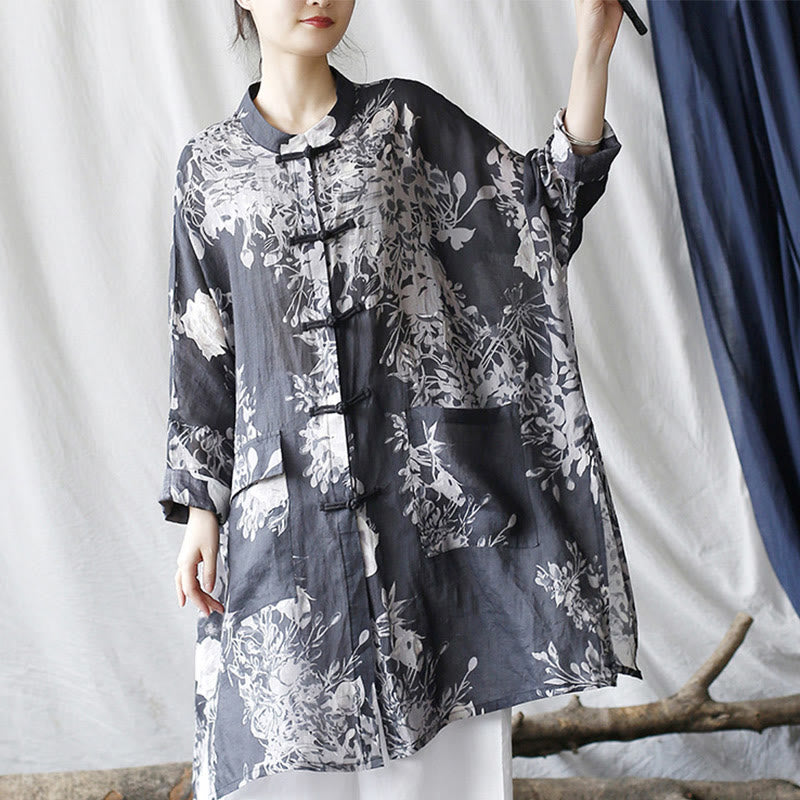 Chemise en lin ramie à manches longues et boutons de grenouille avec poches et Buddha Stones Bleu Blanc Fleurs - image 9