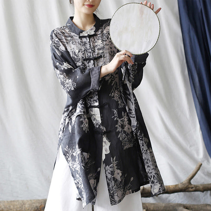 Chemise en lin ramie à manches longues et boutons de grenouille avec poches et Buddha Stones Bleu Blanc Fleurs - image 8