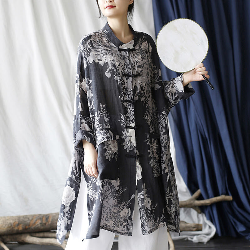 Chemise en lin ramie à manches longues et boutons de grenouille avec poches et Buddha Stones Bleu Blanc Fleurs - image 10