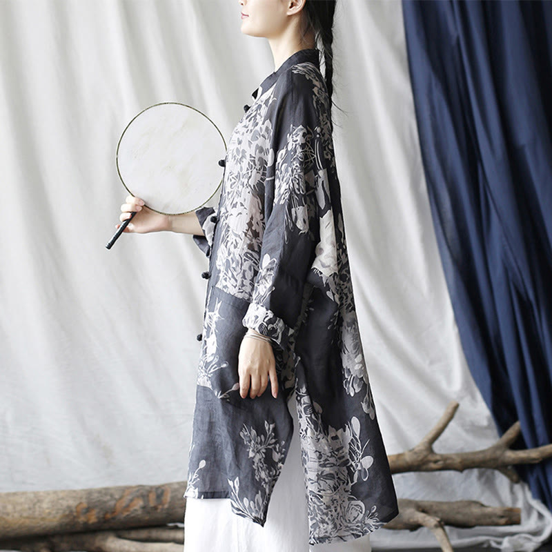 Chemise en lin ramie à manches longues et boutons de grenouille avec poches et Buddha Stones Bleu Blanc Fleurs - image 6