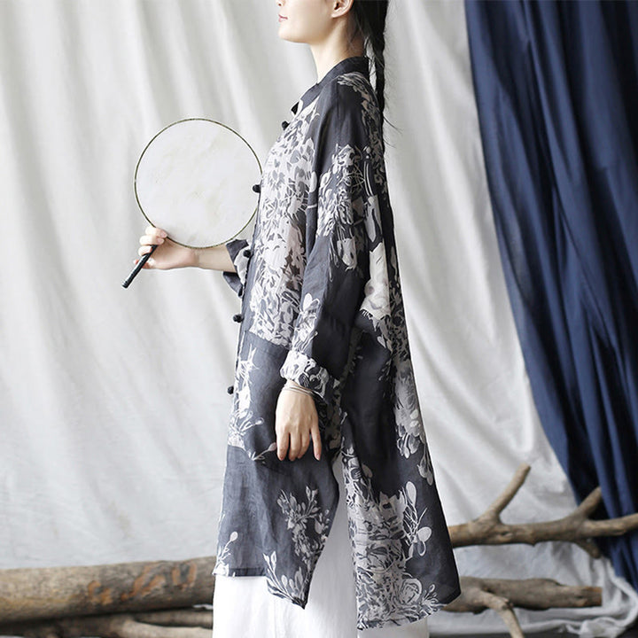 Chemise en lin ramie à manches longues et boutons de grenouille avec poches et Buddha Stones Bleu Blanc Fleurs - image 6