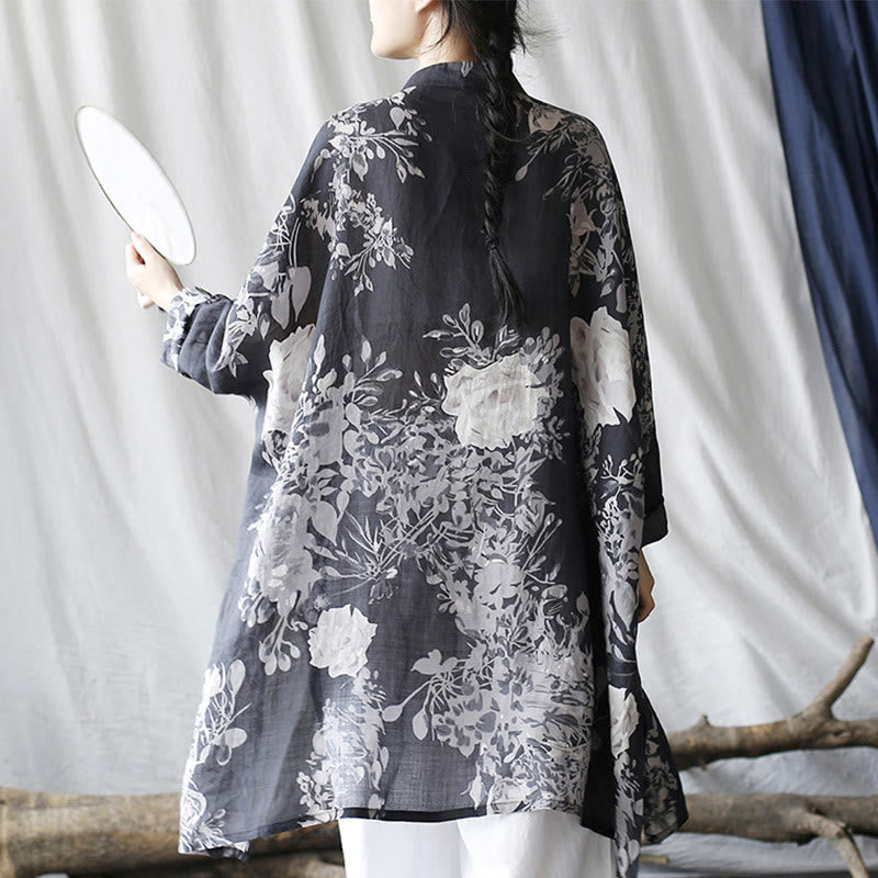 Chemise en lin ramie à manches longues et boutons de grenouille avec poches et Buddha Stones Bleu Blanc Fleurs - image 3