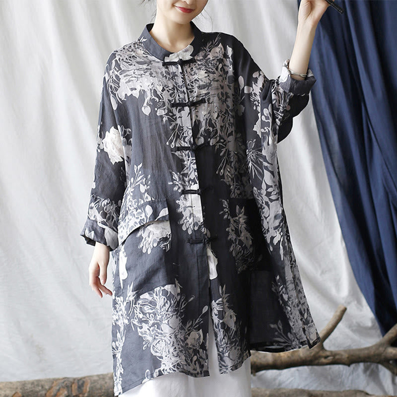 Chemise en lin ramie à manches longues et boutons de grenouille avec poches et Buddha Stones Bleu Blanc Fleurs - image 1