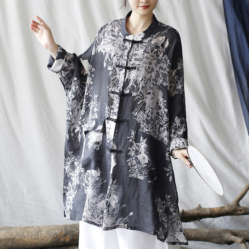 Chemise en lin ramie à manches longues et boutons de grenouille avec poches et Buddha Stones Bleu Blanc Fleurs - image 7