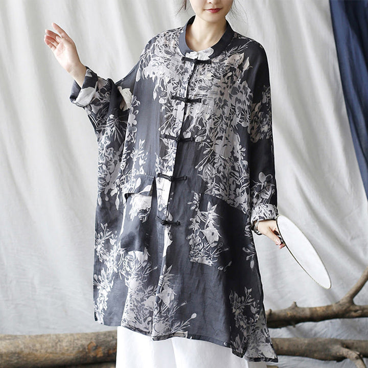 Chemise en lin ramie à manches longues et boutons de grenouille avec poches et Buddha Stones Bleu Blanc Fleurs - image 7