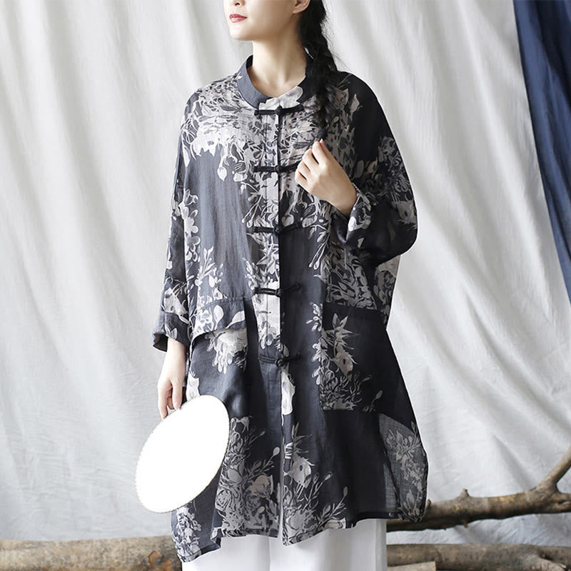 Chemise en lin ramie à manches longues et boutons de grenouille avec poches et Buddha Stones Bleu Blanc Fleurs - image 11