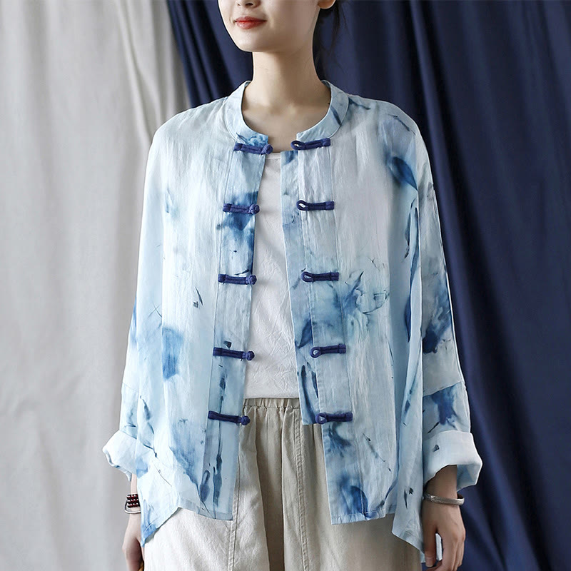 Chemise à manches longues en lin ramie avec motif de grenouille et de fleurs bleues et teinture par nouage Buddha Stones