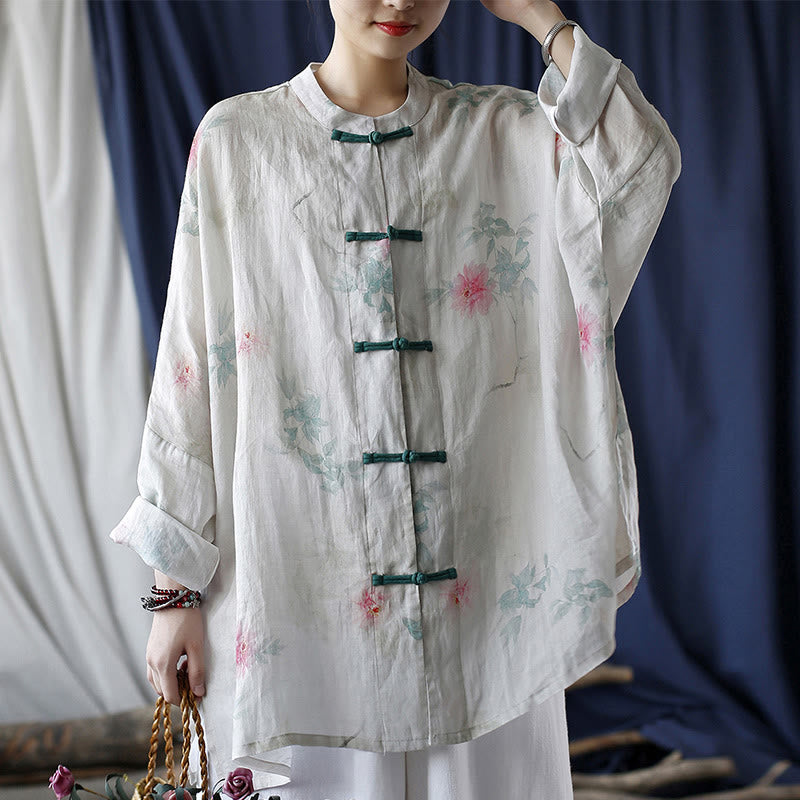 Chemise en lin ramie à manches longues et boutons de grenouille Buddha Stones, fleurs blanches et rouges, feuilles vertes