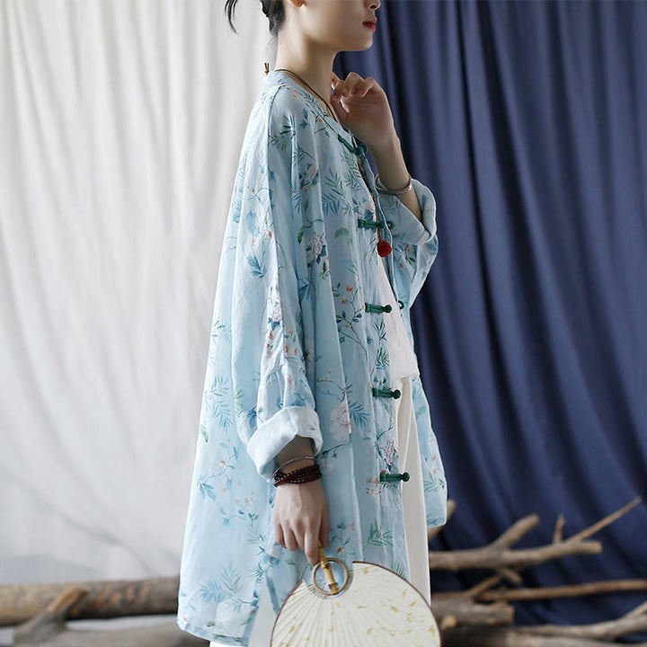 Chemise en lin ramie à manches longues et boutons de grenouille Buddha Stones, vert clair, fleurs roses et feuilles vertes - image 5