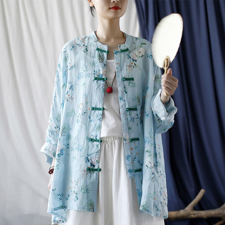 Chemise en lin ramie à manches longues et boutons de grenouille Buddha Stones, vert clair, fleurs roses et feuilles vertes - image 26