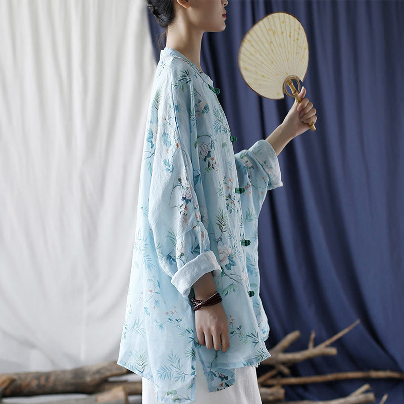 Chemise en lin ramie à manches longues et boutons de grenouille Buddha Stones, vert clair, fleurs roses et feuilles vertes - image 2