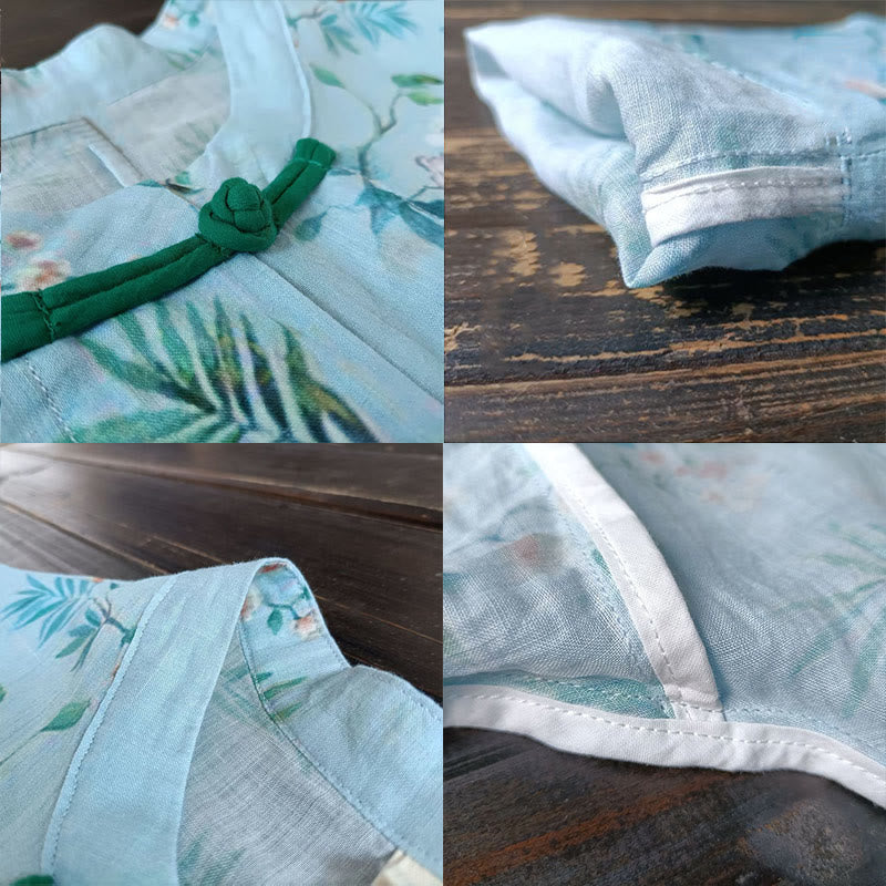 Chemise en lin ramie à manches longues et boutons de grenouille Buddha Stones, vert clair, fleurs roses et feuilles vertes - image 9