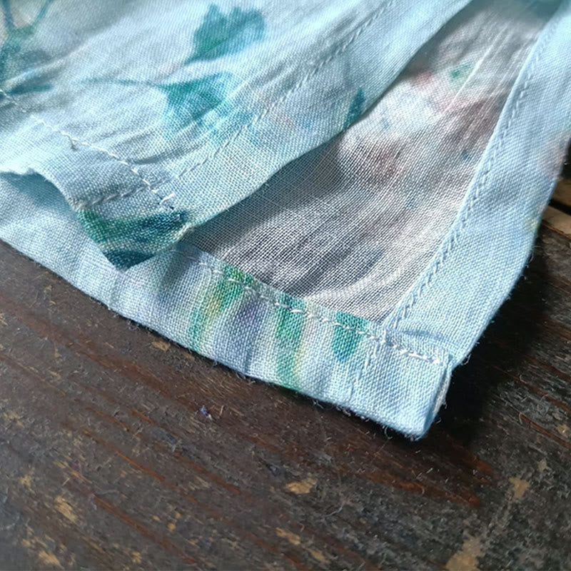 Chemise en lin ramie à manches longues et boutons de grenouille Buddha Stones, vert clair, fleurs roses et feuilles vertes - image 15