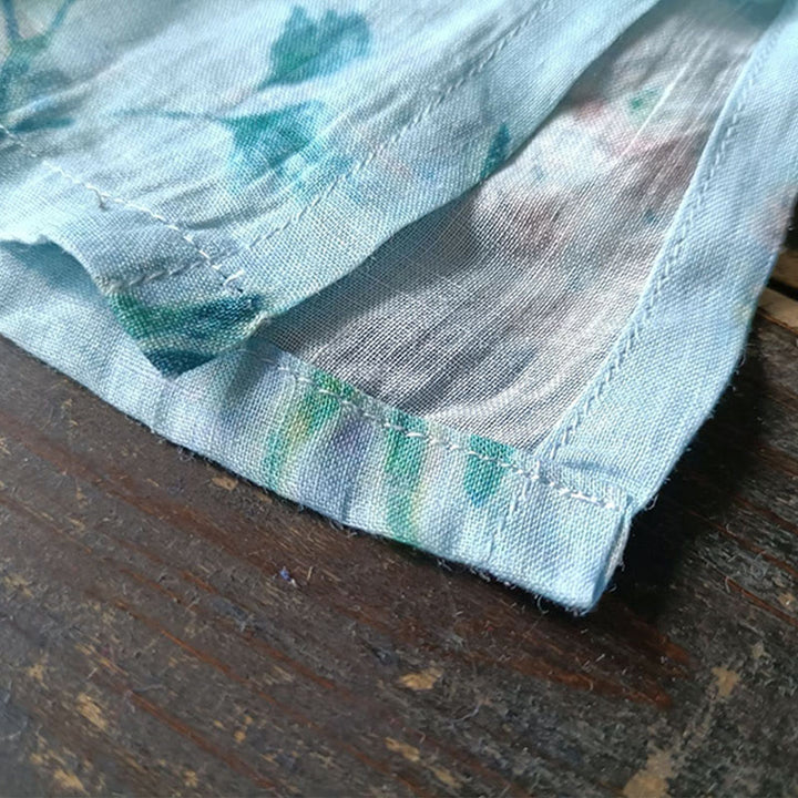 Chemise en lin ramie à manches longues et boutons de grenouille Buddha Stones, vert clair, fleurs roses et feuilles vertes - image 15