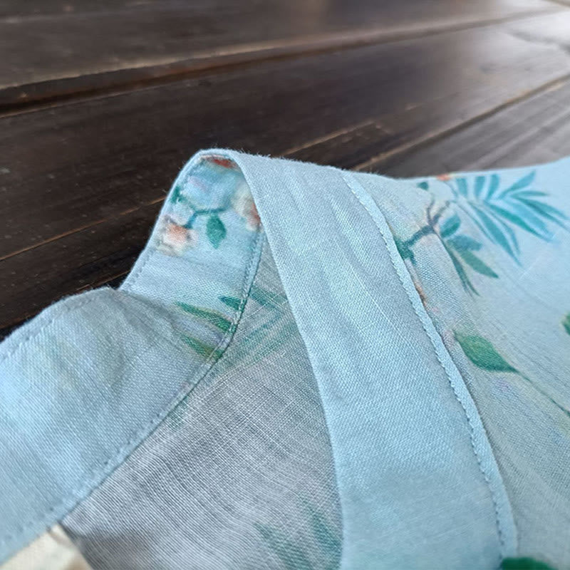 Chemise en lin ramie à manches longues et boutons de grenouille Buddha Stones, vert clair, fleurs roses et feuilles vertes - image 11