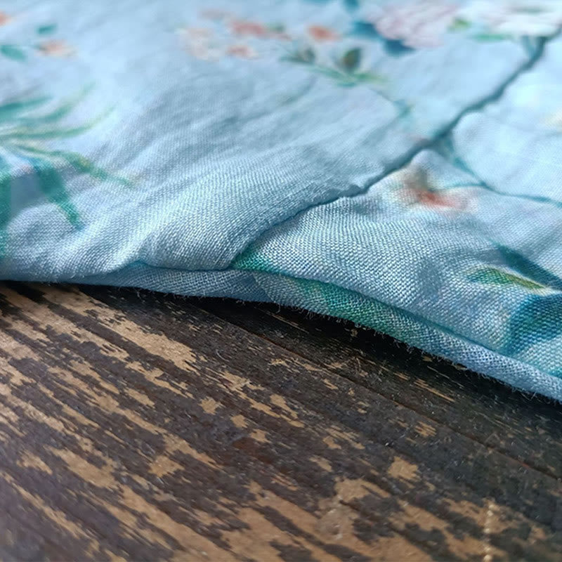 Chemise en lin ramie à manches longues et boutons de grenouille Buddha Stones, vert clair, fleurs roses et feuilles vertes - image 12