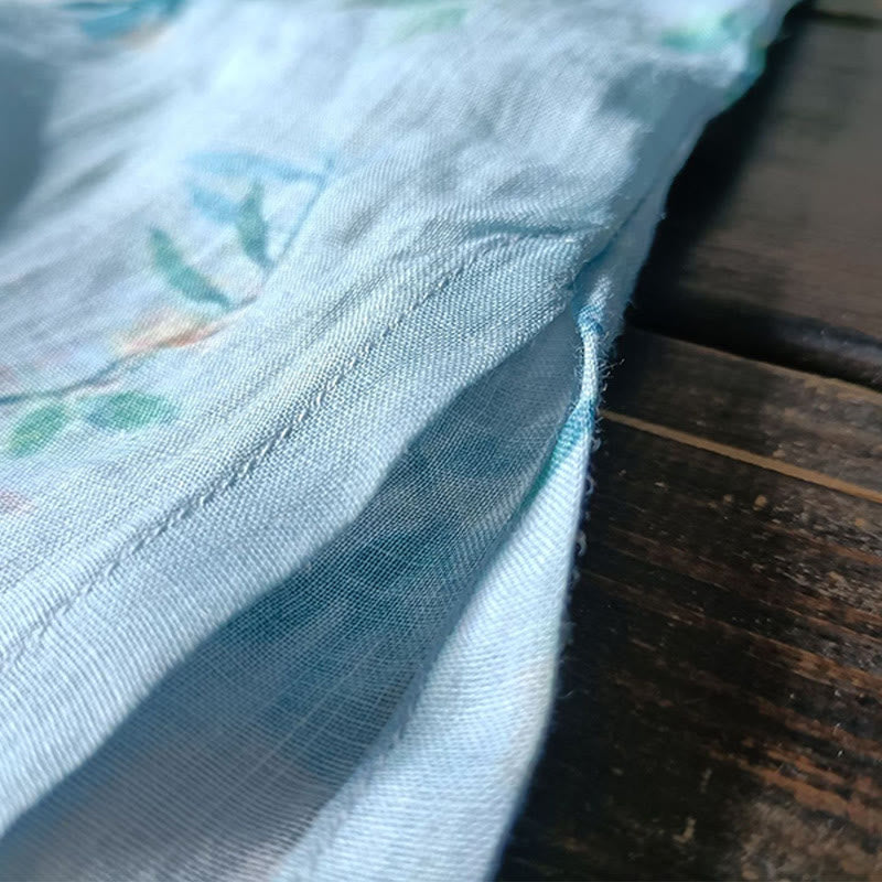 Chemise en lin ramie à manches longues et boutons de grenouille Buddha Stones, vert clair, fleurs roses et feuilles vertes - image 14