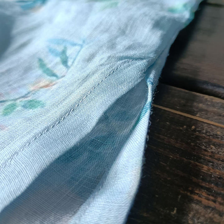 Chemise en lin ramie à manches longues et boutons de grenouille Buddha Stones, vert clair, fleurs roses et feuilles vertes - image 14