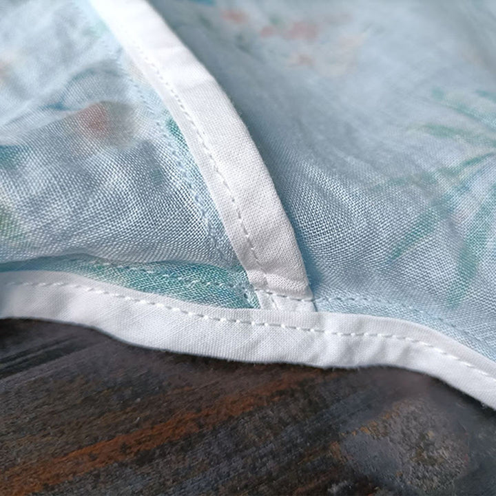 Chemise en lin ramie à manches longues et boutons de grenouille Buddha Stones, vert clair, fleurs roses et feuilles vertes - image 13