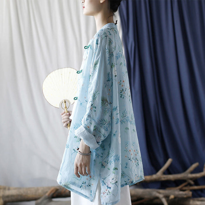 Chemise en lin ramie à manches longues et boutons de grenouille Buddha Stones, vert clair, fleurs roses et feuilles vertes