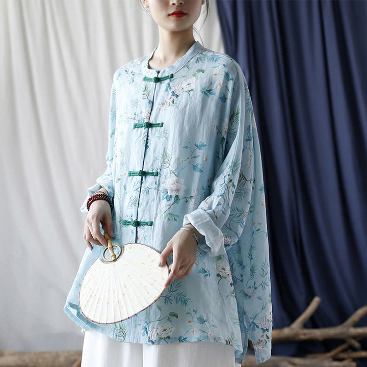Chemise en lin ramie à manches longues et boutons de grenouille Buddha Stones, vert clair, fleurs roses et feuilles vertes - image 29