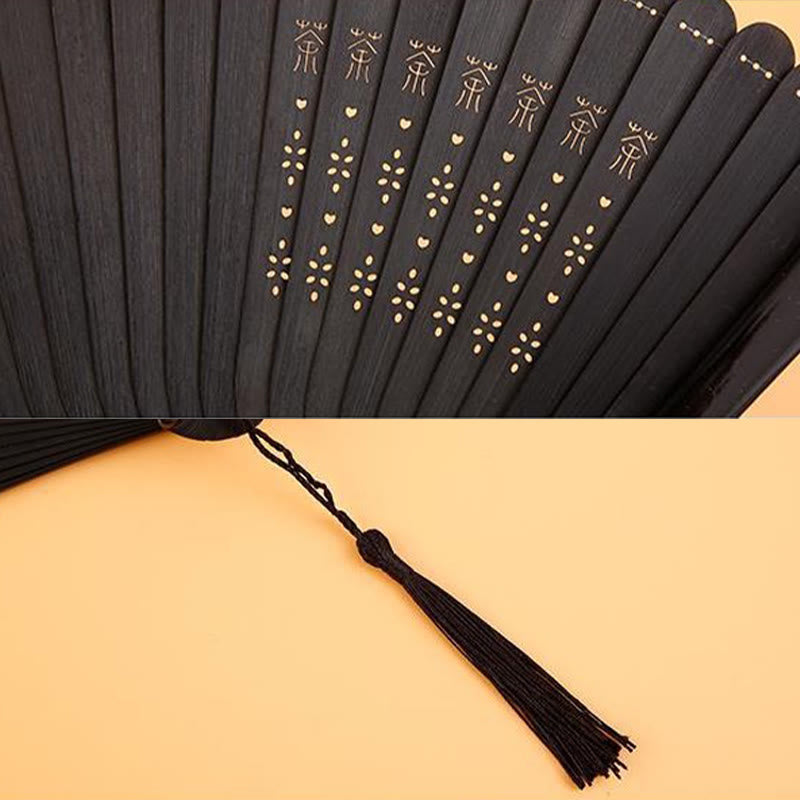 Éventail pliable en bambou à main avec Buddha Stones, fleur d'hibiscus et fleur de prunier