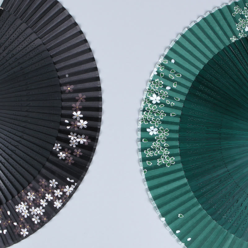 Éventail pliable en bambou et soie Buddha Stones, fleurs de cerisier, sakura, camélia, 21 cm