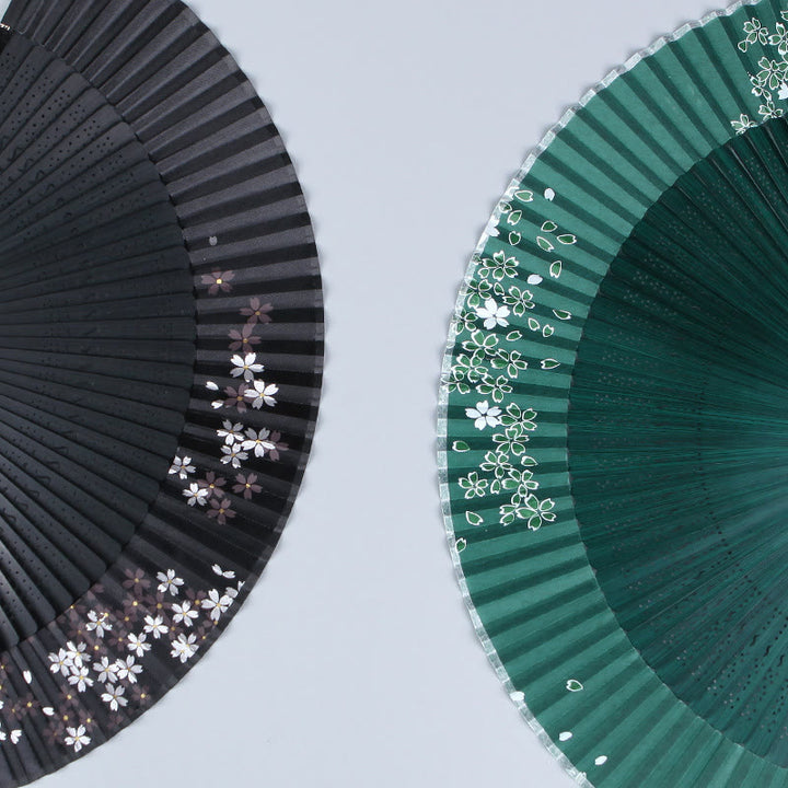 Éventail pliable en bambou et soie Buddha Stones, fleurs de cerisier, sakura, camélia, 21 cm