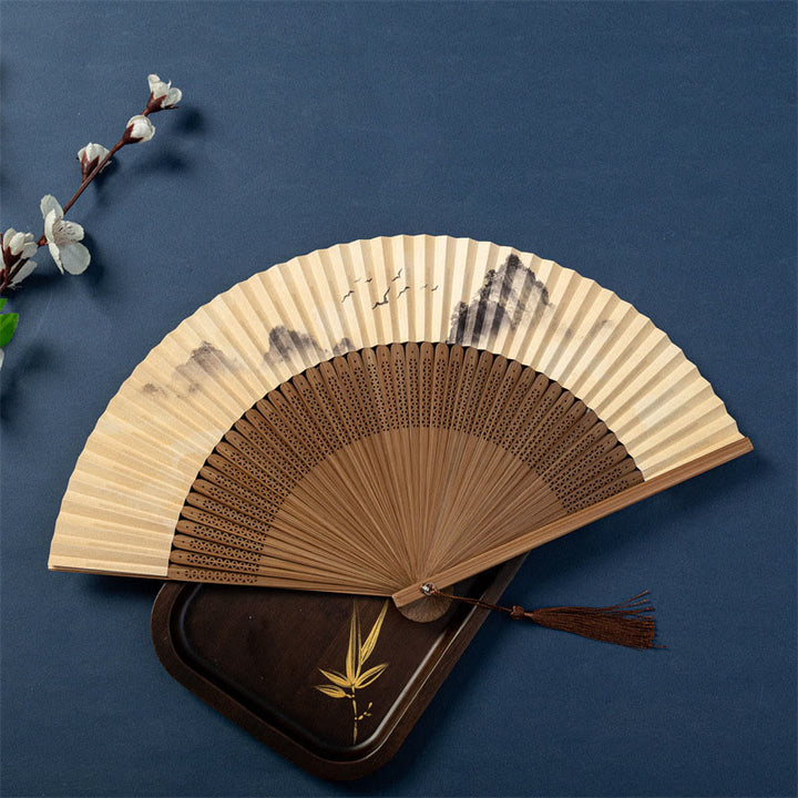 Éventail pliable en bambou et soie avec Buddha Stones, lotus, libellule, oies sauvages, fleurs de prunier, 22,5 cm