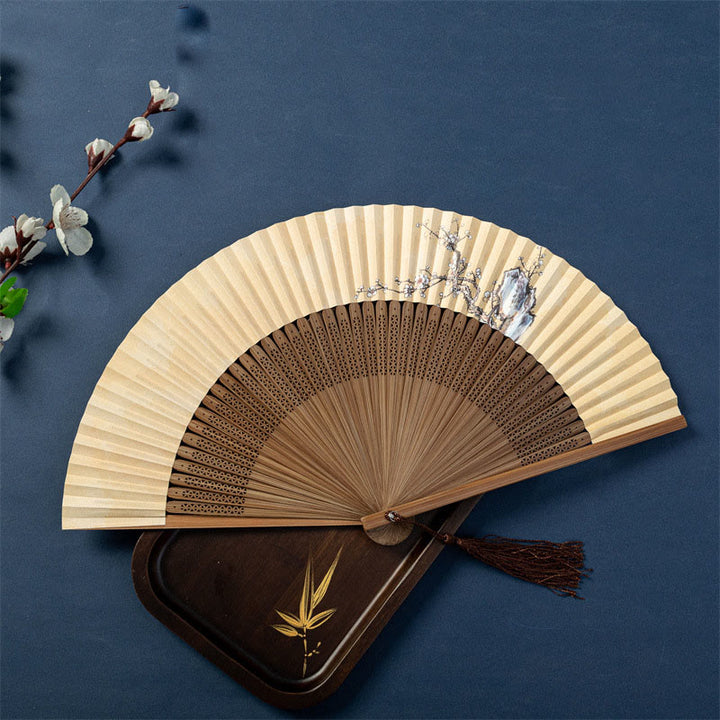 Éventail pliable en bambou et soie avec Buddha Stones, lotus, libellule, oies sauvages, fleurs de prunier, 22,5 cm