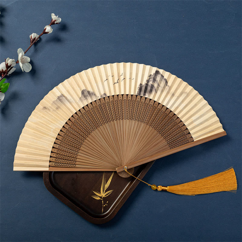Éventail pliable en bambou et soie avec Buddha Stones, lotus, libellule, oies sauvages, fleurs de prunier, 22,5 cm