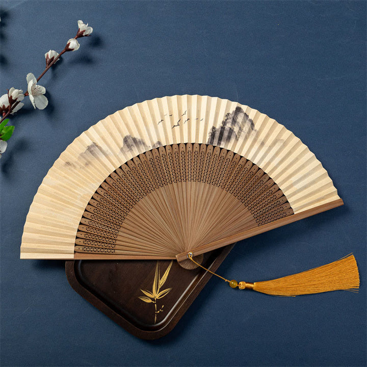 Éventail pliable en bambou et soie avec Buddha Stones, lotus, libellule, oies sauvages, fleurs de prunier, 22,5 cm