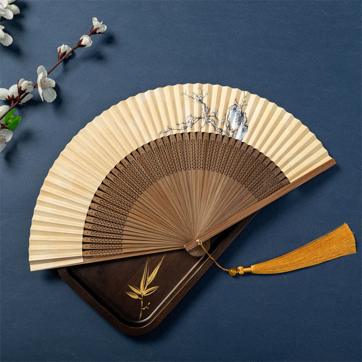 Éventail pliable en bambou et soie avec Buddha Stones, lotus, libellule, oies sauvages, fleurs de prunier, 22,5 cm