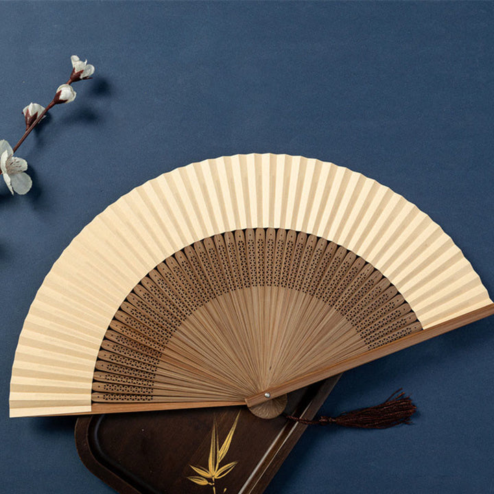 Éventail pliable en bambou et soie avec Buddha Stones, lotus, libellule, oies sauvages, fleurs de prunier, 22,5 cm