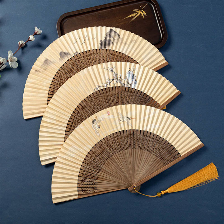 Éventail pliable en bambou et soie avec Buddha Stones, lotus, libellule, oies sauvages, fleurs de prunier, 22,5 cm