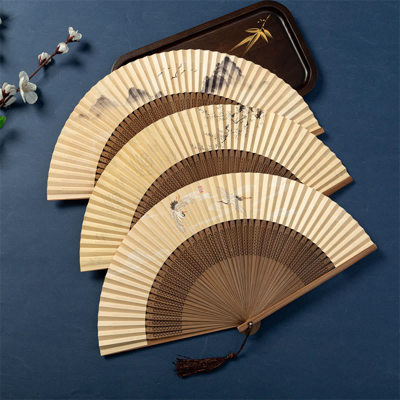 Éventail pliable en bambou et soie avec Buddha Stones, lotus, libellule, oies sauvages, fleurs de prunier, 22,5 cm