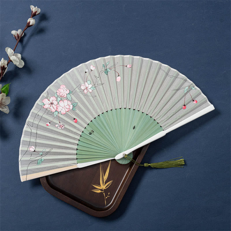 Éventail pliable en bambou avec Buddha Stones de lotus, bégonia, jasmin, 21 cm