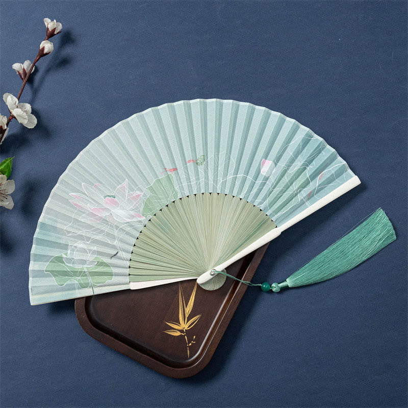 Éventail pliable en bambou avec Buddha Stones de lotus, bégonia, jasmin, 21 cm