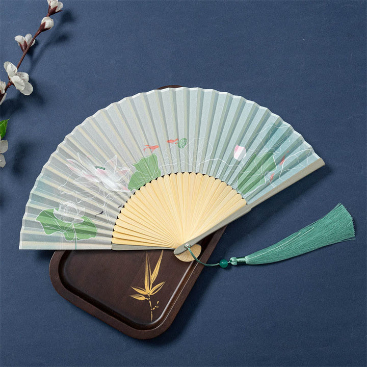 Éventail pliable en bambou avec Buddha Stones de lotus, bégonia, jasmin, 21 cm